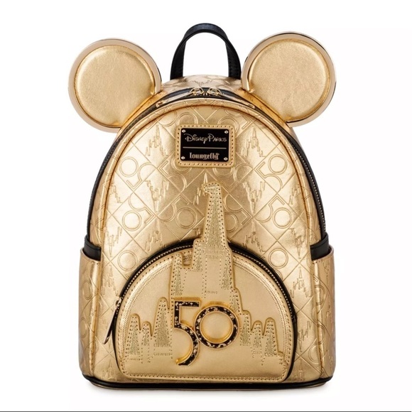 Mickey Mouse Walt Disney World 50th Anniversary Leather Gold Loungefly Backpack - Picture 1 of 13